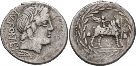 Mn. Fonteius C.f, 85 BC. Denarius (Silver, 19 mm, 3.54 g, 1 h), Rome. MN FO NT EI [CF] Laureate head of Apollo to right; below, thunderbolt. Rev. Cupi...
