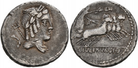 L. Julius Bursio, 85 BC. Denarius (Silver, 19 mm, 3.99 g, 8 h), Rome. Laureate, winged, and draped bust of Apollo Vejovis to right; behind, trident an...