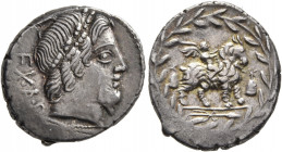 Mn. Fonteius C.f, 85 BC. Denarius (Silver, 18 mm, 3.76 g, 10 h), Rome. EX•A•P• Laureate head of Vejovis (or Apollo) right. Rev. Infant winged Genius (...