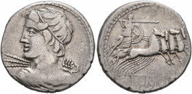 C. Licinius L.f. Macer, 84 BC. Denarius (Silver, 20 mm, 3.59 g, 12 h), Rome. Bust of Apollo to left, seen from behind, holding thunderbolt in his righ...