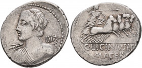 C. Licinius L.f. Macer, 84 BC. Denarius (Silver, 21 mm, 3.84 g, 8 h), Rome. Bust of Apollo to left, seen from behind, holding thunderbolt in his right...