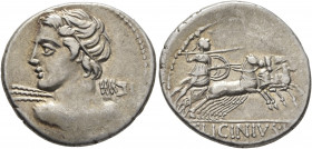 C. Licinius L.f. Macer, 84 BC. Denarius (Silver, 21 mm, 3.99 g, 5 h), Rome. Bust of Apollo to left, seen from behind, holding thunderbolt in his right...