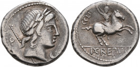 Pub. Crepusius, 82 BC. Denarius (Silver, 17 mm, 3.64 g, 6 h), Rome. Laureate head of Apollo to right with scepter and q behind; before, control mark. ...