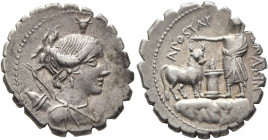 A. Postumius A.f. Sp.n. Albinus, 81 BC. Denarius (Silver, 20 mm, 3.87 g, 7 h), Rome. Draped bust of Diana to right, wearing diadem with bucranium and ...