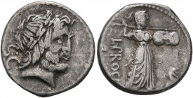 L. Procilius, 80 BC. Denarius (Silver, 17 mm, 3.84 g, 5 h), Rome. Laureate head of Jupiter to right; behind, S•C. Rev. L•PROCILI / F Juno Sospita, wea...