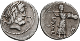 L. Procilius, 80 BC. Denarius (Silver, 18 mm, 3.79 g, 9 h), Rome. Laureate head of Jupiter to right; behind, S•C. Rev. L•PROCILI / F Juno Sospita, wea...