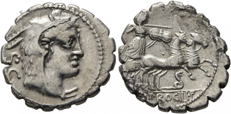 L. Procilius, 80 BC. Denarius (Silver, 19 mm, 3.49 g, 5 h), Rome. Head of Juno S...