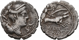 Ti. Claudius Ti.f. Ap.n. Nero, 79 BC. Denarius (Silver, 18 mm, 3.79 g, 6 h), Rome. S•C Diademed and draped bust of Diana to right, with bow and quiver...