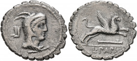 L. Papius, 79 BC. Denarius (Silver, 20 mm, 3.54 g, 5 h), Rome. Head of Juno Sospita to right, wearing goat-skin headdress; behind, two rhytons (?). Re...