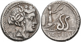 M. Volteius M.f, 78 BC. Denarius (Silver, 17 mm, 4.00 g, 5 h), Rome. Head of Liber to right, wearing wreath of ivy and fruit. Rev. [M]•VOLTEI•M•F Cere...
