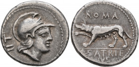P. Satrienus, 77 BC. Denarius (Silver, 18 mm, 3.85 g, 4 h), Rome. Helmeted head of Roma to right; behind, IIT. Rev. ROMA / P•SATRIE/NVS She-wolf advan...