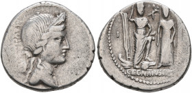 Cn. Egnatius Cn.f. Cn.n. Maxsumus, 76 BC. Denarius (Silver, 18 mm, 4.06 g, 12 h), Rome. MAXS[VMVS] Diademed and draped bust of Libertas to right, wear...