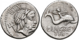 L. Lucretius Trio, 74 BC. Denarius (Silver, 18 mm, 3.83 g, 3 h), Rome. Laureate head of Neptune to right; behind head, trident and IIITXIII. Rev. L•LV...