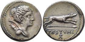 C. Postumius, 73 BC. Denarius (Silver, 18 mm, 4.17 g, 5 h), Rome. Draped bust of Diana to right, with bow and quiver over her shoulder. Rev. C•POSTVMI...