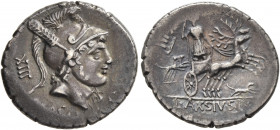 Lucius Axius L.f. Naso, 70 BC. Denarius (Silver, 20 mm, 3.91 g, 6 h), Rome. XIII - NASO - S C Head of Mars to right, wearing helmet decorated with plu...