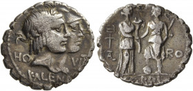 Q. Fufius Calenus and Mucius Cordus, 68 BC. Denarius (Silver, 20 mm, 3.76 g, 7 h), Rome. HO - VIR[T] / KALENI Jugate heads of Honos, laureate, and Vir...