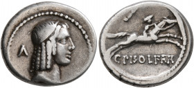 C. Calpurnius L.f. Frugi, 67 BC. Denarius (Silver, 17 mm, 3.88 g, 7 h), Rome. Laureate head of Apollo to right; behind, Λ. Rev. C PISO L F FRV Horsema...