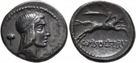 C. Calpurnius L.f. Frugi, 67 BC. Denarius (Silver, 17 mm, 3.65 g, 5 h), Rome. Laureate head of Apollo to right; behind, hammer. Rev. C PISO L F FRV Ho...