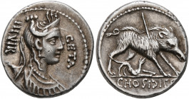 C. Hosidius C.f. Geta, 64 BC. Denarius (Silver, 18 mm, 3.63 g, 6 h), Rome. GETA III VIR Diademed and draped bust of Diana to right, with bow and quive...