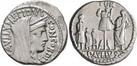 L. Aemilius Lepidus Paullus, 62 BC. Denarius (Silver, 18 mm, 4.00 g, 7 h), Rome. PAVLLVS LEPIDVS CONCORDIA Veiled and diademed head of Concordia to ri...