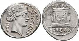 L. Scribonius Libo, 62 BC. Denarius (Silver, 21 mm, 3.94 g, 5 h), Rome. BON•EVENT LIBO Diademed head of Bonus Eventus to right. Rev. PVTEAL SCRIBON Ga...