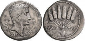 Augustus, 27 BC-AD 14. Cistophorus (Silver, 25 mm, 10.93 g, 1 h), Ephesus, circa 25-20. IMP•CAESAR Bare head of Augustus to right. Rev. AVGVSTVS Six g...