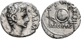 Augustus, 27 BC-AD 14. Denarius (Silver, 18 mm, 3.59 g, 7 h), uncertain mint in Spain (Colonia Patricia?), circa 19 BC. CAESAR AVGVSTVS Bare head of A...