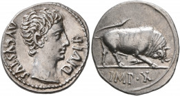 Augustus, 27 BC-AD 14. Denarius (Silver, 20 mm, 3.82 g, 6 h), Lugdunum, circa 15-13 BC. DIVI•F AVGVSTVS Bare head of Augustus to right. Rev. IMP•X Bul...