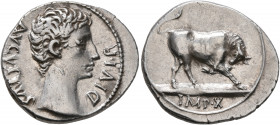 Augustus, 27 BC-AD 14. Denarius (Silver, 19 mm, 3.84 g, 6 h), Lugdunum, circa 15-13 BC. DIVI•F AVGVSTVS Bare head of Augustus to right. Rev. IMP•X Bul...