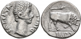Augustus, 27 BC-AD 14. Denarius (Silver, 18 mm, 3.74 g, 6 h), Lugdunum, circa 15-13 BC. DIVI•F AVGVSTVS Bare head of Augustus to right. Rev. IMP X Bul...