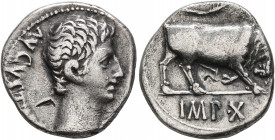 Augustus, 27 BC-AD 14. Denarius (Silver, 17 mm, 3.59 g, 6 h), Lugdunum, circa 15-13 BC. [DIVI•F] AVGVS[TVS] Bare head of Augustus to right. Rev. IMP•X...