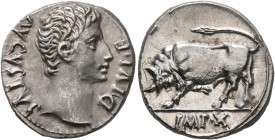 Augustus, 27 BC-AD 14. Denarius (Silver, 19 mm, 3.83 g, 7 h), Lugdunum, circa 15-13 BC. DIVI•F AVGVSTVS Bare head of Augustus to right. Rev. IMP•X Bul...