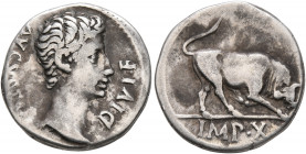 Augustus, 27 BC-AD 14. Denarius (Silver, 18 mm, 3.61 g, 3 h), Lugdunum, circa 15-13 BC. DIVI•F AVGVST[VS] Bare head of Augustus to right. Rev. IMP•X B...