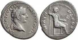 Tiberius, 14-37. Denarius (Silver, 19 mm, 3.51 g, 6 h), Lugdunum. TI CAESAR DIVI AVG F AVGVSTVS Laureate head of Tiberius to right. Rev. PONTIF MAXIM ...
