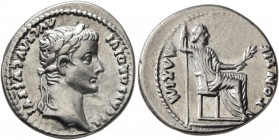 Tiberius, 14-37. Denarius (Silver, 19 mm, 3.73 g, 9 h), Lugdunum. TI CAESAR DIVI AVG F AVGVSTVS Laureate head of Tiberius to right. Rev. PONTIF MAXIM ...