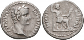 Tiberius, 14-37. Denarius (Silver, 19 mm, 3.75 g, 7 h), Lugdunum. TI CAESAR DIVI AVG F AVGVSTVS Laureate head of Tiberius to right. Rev. PONTIF MAXIM ...