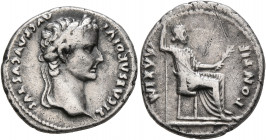 Tiberius, 14-37. Denarius (Silver, 19 mm, 3.64 g, 10 h), Lugdunum. TI CAESAR DIVI AVG F AVGVSTVS Laureate head of Tiberius to right. Rev. PONTIF MAXIM...