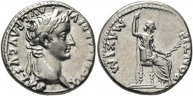 Tiberius, 14-37. Denarius (Silver, 17 mm, 3.73 g, 6 h), Lugdunum. TI CAESAR DIVI AVG F AVGVSTVS Laureate head of Tiberius to right. Rev. PONTIF MAXIM ...
