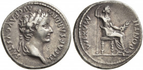 Tiberius, 14-37. Denarius (Silver, 19 mm, 3.74 g, 1 h), Lugdunum. TI CAESAR DIVI AVG F AVGVSTVS Laureate head of Tiberius to right. Rev. PONTIF MAXIM ...