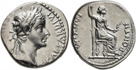 Tiberius, 14-37. Denarius (Silver, 17 mm, 3.73 g, 4 h), Lugdunum. TI CAESAR DIVI AVG F AVGVSTVS Laureate head of Tiberius to right. Rev. PONTIF MAXIM ...