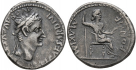 Tiberius, 14-37. Denarius (Silver, 19 mm, 3.67 g, 2 h), Lugdunum. TI CAESAR DIVI AVG F AVGVSTVS Laureate head of Tiberius to right. Rev. PONTIF MAXIM ...