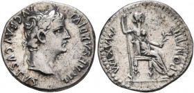 Tiberius, 14-37. Denarius (Silver, 18 mm, 3.64 g, 6 h), Lugdunum. TI CAESAR DIVI AVG F AVGVSTVS Laureate head of Tiberius to right. Rev. PONTIF MAXIM ...