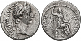 Tiberius, 14-37. Denarius (Silver, 17 mm, 3.55 g, 3 h), Lugdunum. [TI CAESAR DIVI] AVG F AVGVSTVS Laureate head of Tiberius to right. Rev. PONTIF MAXI...