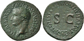 Tiberius, AD 14-37. As (Copper, 30 mm, 10.77 g, 7 h), Rome, 22-23. TI CAESAR DIVI AVG•F• AVGVST IMP VIII Bare head of Tiberius to left. Rev. PONTIF MA...