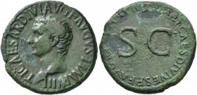 Tiberius, AD 14-37. As (Copper, 27 mm, 11.77 g, 6 h), restitution issue, Rome, struck under Titus, 80-81. TI CAESAR DIVI AVG F AVGVST IMP VIII Bare he...