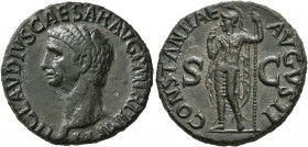 Claudius, 41-54. As (Copper, 27 mm, 11.06 g, 7 h), Rome, 50-54. TI CLAVDIVS CAESAR AVG P M TR P IMP P P Bare head of Claudius to left. Rev. CONSTANTIA...