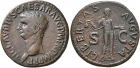 Claudius, 41-54. As (Copper, 28 mm, 11.78 g, 6 h), Rome, 50-54. TI CLAVDIVS CAESAR AVG P M TR P IMP P P Bare head of Claudius to left. Rev. LIBERTAS A...