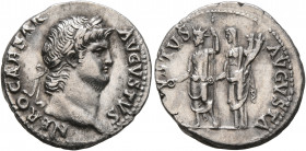 Nero, 54-68. Denarius (Silver, 18 mm, 3.41 g, 5 h), Rome, 64-65. NERO CAESAR AVGVSTVS Laureate head of Nero to right. Rev. AVGVSTVS AVGVSTA Nero, radi...