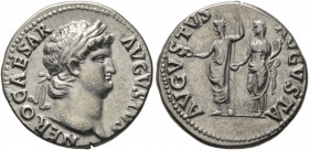Nero, 54-68. Denarius (Silver, 18 mm, 3.28 g, 6 h), Rome, 64-65. NERO CAESAR AVGVSTVS Laureate head of Nero to right. Rev. AVGVSTVS AVGVSTA Nero, radi...
