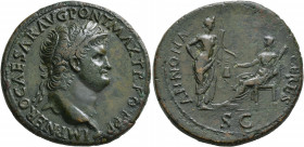 Nero, 54-68. Sestertius (Orichalcum, 36 mm, 24.08 g, 6 h), Lugdunum, 66. IMP NERO CAESAR AVG PONT MAX TR POT P P Laureate head of Nero to right, small...